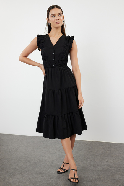 Trendyol Collection Black Midi Skater Dress - RuFFle Detail, Woven,  TWOSS24EL01073- Trendyol