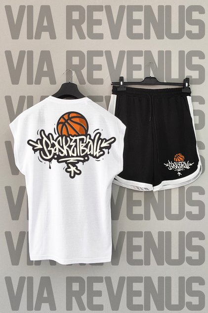 Basketball Back Printed Zero Sleeve Crew Neck White Sports Tshirt and Black Sports Shorts Set