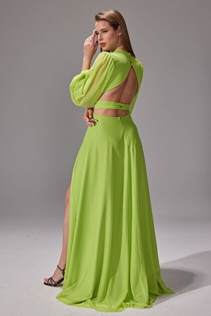 EREF VURAL Women's Long Sleeve Chiffon Evening Dress 8135 Apple Green-  Trendyol