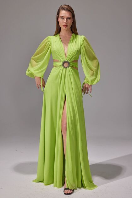 EREF VURAL Women's Long Sleeve Chiffon Evening Dress 8135 Apple Green-  Trendyol