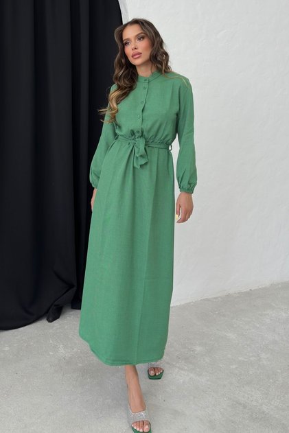 Women's Green Crew Neck Buttoned Waist Tie Modest Dress