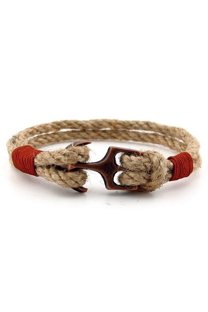Beige Rope Braided Copper Color Metal Anchor Sailor Men's Bracelet M058D