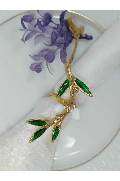 Set of 6 elegant green & white enamel gold napkin rings