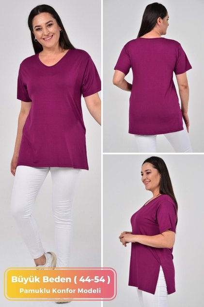 Büyük Beden Organik Pamuklu Yandan Yırtmaçlı Likralı Konfor Modeli Kısa Kollu Spor Ve Günlük T-shirt