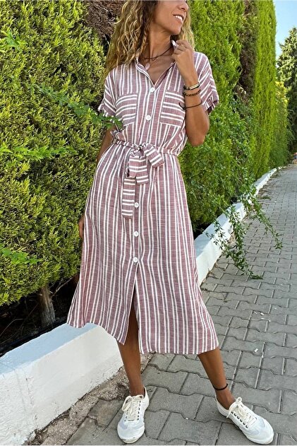 Women's Claret Red Linen Self-Belt Pocketed Short Sleeve Shirt Dress Bst3434
