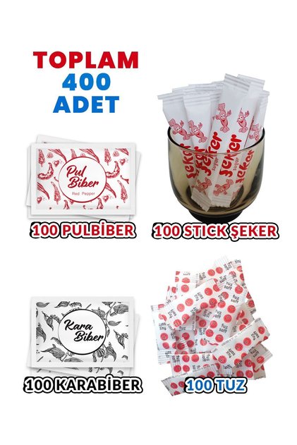 (Toplam 400 Adet) Tek kullanımlık Pulbiber 100 - Karabiber 100 - Stick Şeker 100 - Tuz 100 Adet
