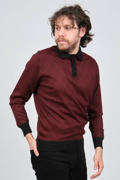 Pulover de lână cu model cu gât polo pentru bărbați 4537094 Roșu Claret