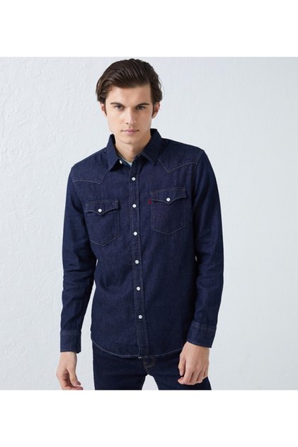 Men's Plain Blue Shirt Collar Long Sleeve Shirt