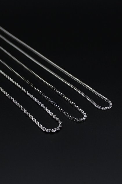 Set of 3 Luxury Twist Cube and Fox Tail Chain Necklace - Silver Color