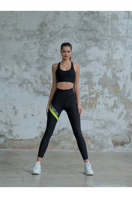Versay Neon Yeşil Ve Kamuflaj Şeritli Siyah Toparlayıcı Spor Tayt
