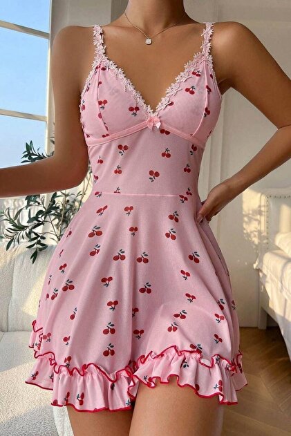 KADİRCE Romantik Pembe Kiraz Baskılı Askılı Tanga Ve Tül Gecelik