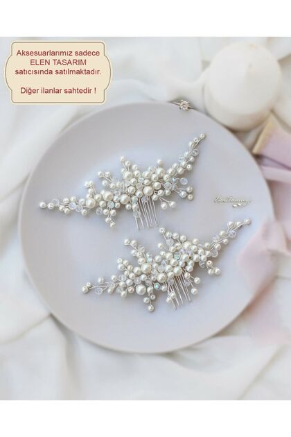 Accesoriu pentru păr cu perle din 2 piese. Coroana de mireasa cu piepteni