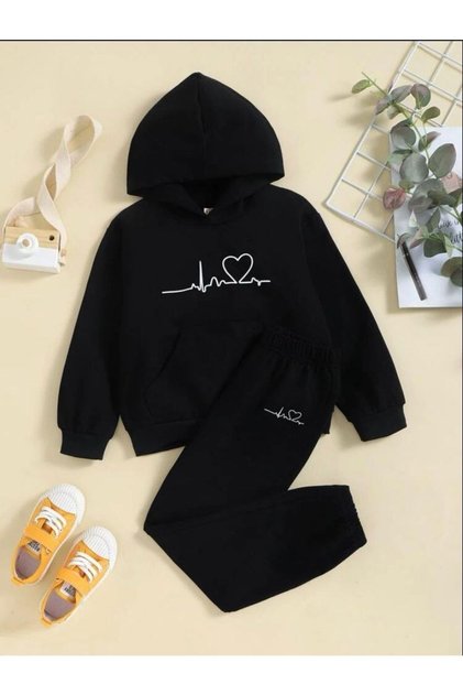 Black Girls/Boys Heart Rhythm Printed Tracksuit Set
