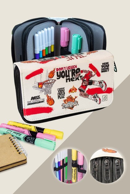 Basketball themed pencil box organizer with three compartments in vegan leather (pencil holder)