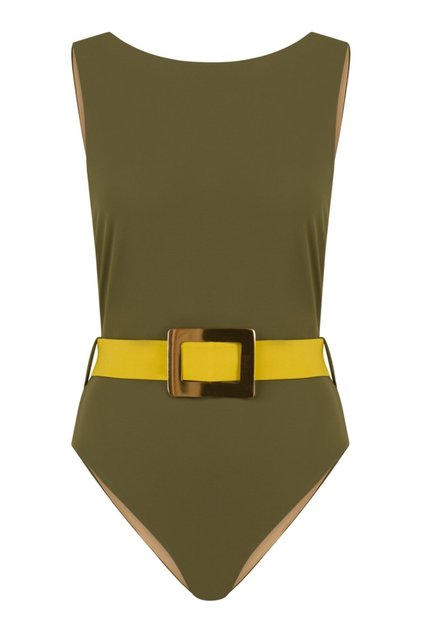 Halter Collar Gold Buckle Detailed Khaki Swimsuit