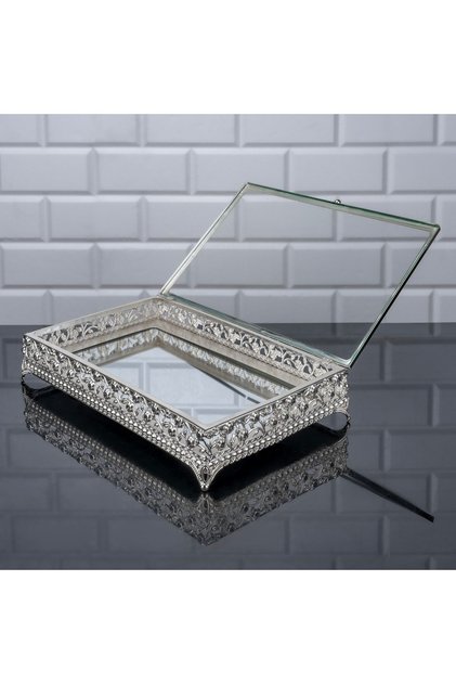 Diamond Glass Lid Mirrored Chocolate Jewelry Box Presentation Metal Case Stone Chest Medium