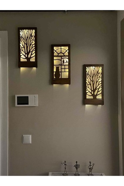 3 Lü Set Peri Ledli Masif Ahşap Tablo Ev Hediyesi Hol Antre Gece Lamba 36x18 Duvar Süsü Piller Hariç