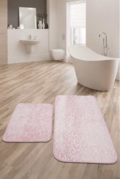 Emboss 2-Piece Plush Bath Mat and Toilet Set with Non-Slip Sole