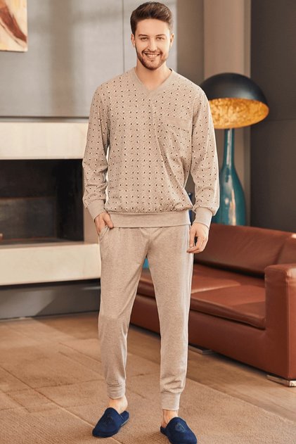 Coffee patterned long sleeve summer 100% cotton plus size men's pajama set