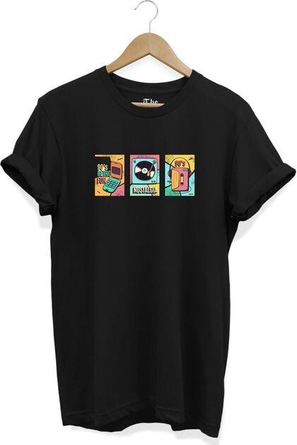 The Baski Siyah Unisex 90'lar Retro Baskılı Vintage Kısa Kollu T