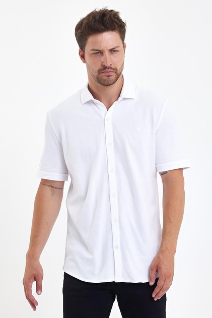 Men's Polo Neck Short Sleeve Button Loose White Shirt