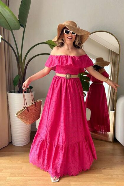 Women's Fuchsia Madonna Collared Scalloped Lined Dress