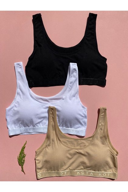 Cotton Lycra Combed Cotton Fabric 3-Piece Black, White, Skin Color Sports Bra with Removable Pads