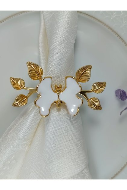 6-leaf detailed white enamel butterfly gold plated napkin ring