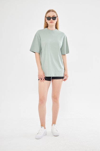 BFEND Kadın Yeşil Pamuklu Yumuşak Bisiklet Yaka Oversize T-shirt