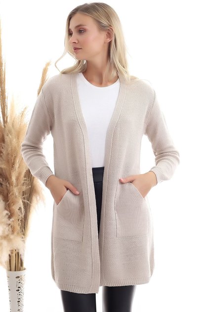 Damen-Strickjacke mit Kängurutasche in Stein