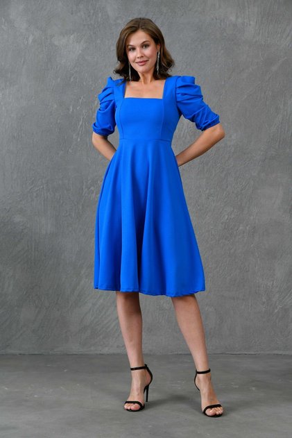 Women's design crepe fabric square collar short sleeve midi length blue evening dress dress 080