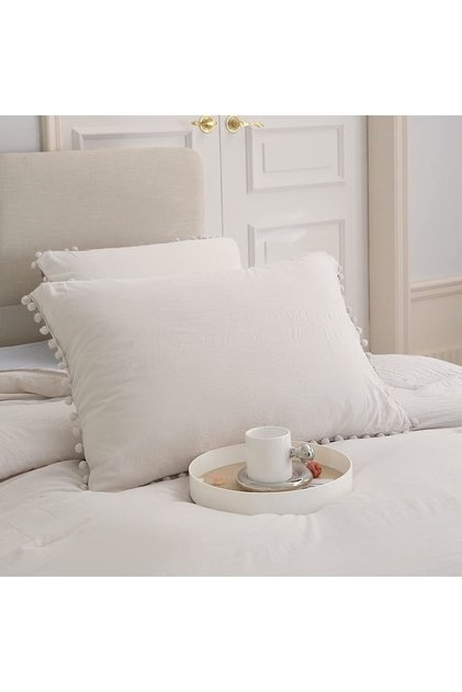 100% Cotton Pillow Case 2 Pieces 50X70 cm White Pompom Edged Skin Friendly Soft Textured Set