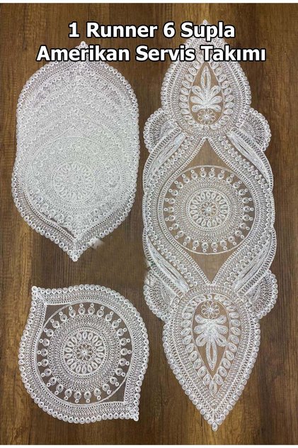 Supla Runner Seti Sunumluk Kordone Nakışlı Modern Amerikan Servis Takımı 6 Kişilik Set