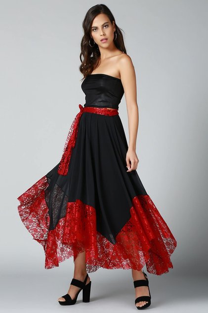 Women's Burgundy Black Asymmetrical Skirt EK2329