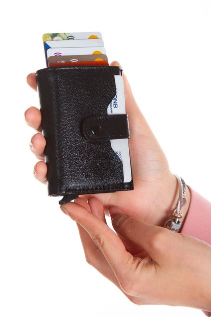 Suport pentru carduri cu mecanism, portofel negru unisex din piele vegană artificială (Rfid)