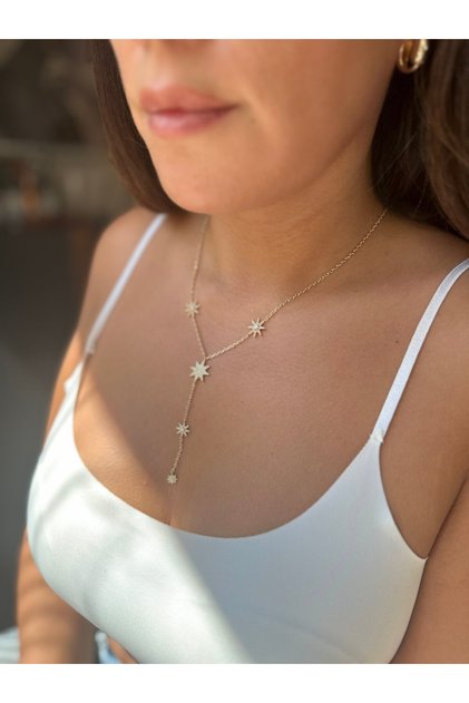 illys Gold Yıldız Model Baget ve Zirkon Taş Detaylı Altın Kaplama Dekolte Kolyesi