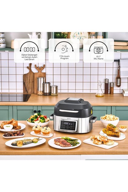 6 Kişilik Geniş Hacim Dijital Ekran ve 7 Ön Programlı Premium Airfryer ve Izgara Makinesi 6LT