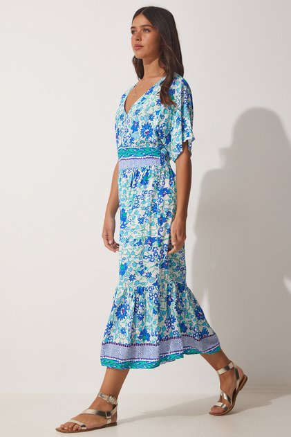 Women's Blue V-Neck Floral Summer Viscose Dress HF00435