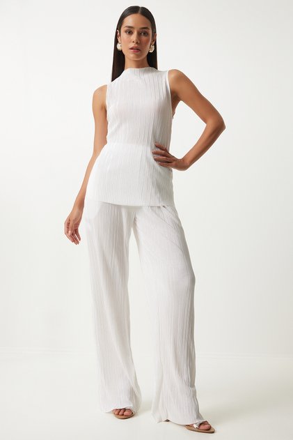Women's White Pleated Sleeveless Knitted Blouse Palazzo Pants Set Fn03192