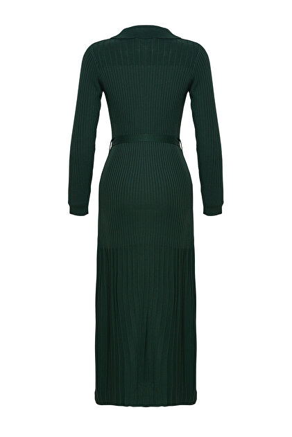 Trendyol Modest Dark Green Belted Polo Neck Ribbed Knit Knitwear Dress  Tctaw25Eb00006- Trendyol