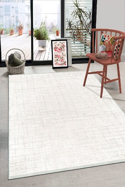 Beyaz Renkli Sade Desenli Kaymaz Taban Yıkanabilir Salon Halısı Ipeksi Ht-1292