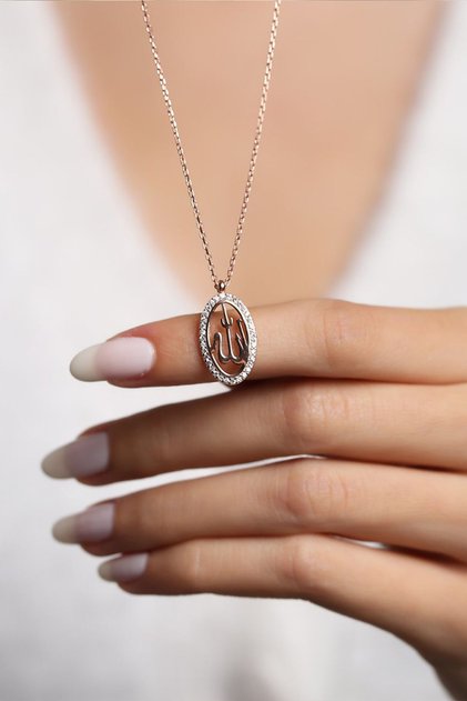 Allah Lafzı Taşlı 14k Rose Altın Kaplama Kadın Kolye