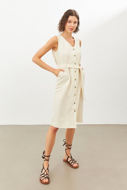 Ecru Linen V-Neck Belted Sleeveless Midi Dress