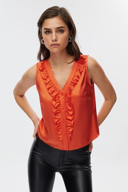 Ruffle Detailed V-Neck Satin Blouse