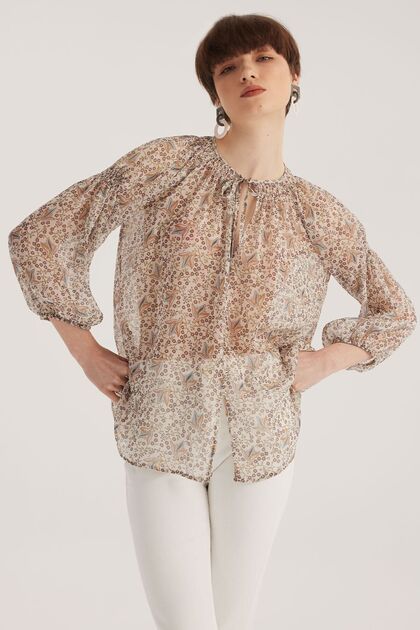 Ecru Lacing Detailed Raglan Sleeve Round Neck Blouse