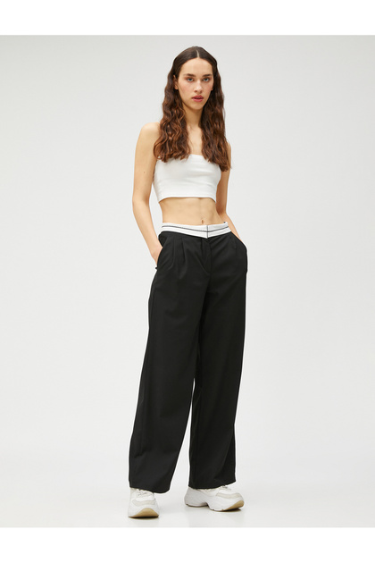 Fabric Trousers Wide Leg Waist Detailed Pocket Pleated