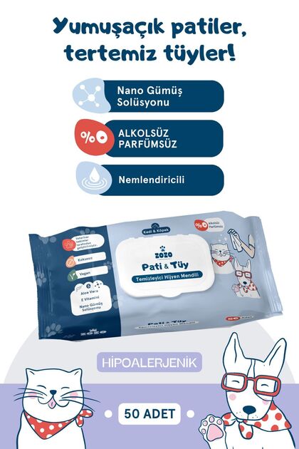 Pati & Tüy Temizleyici Hijyen Mendili - Yumuşacık Patiler & Tertemiz Tüyler 50 Adet