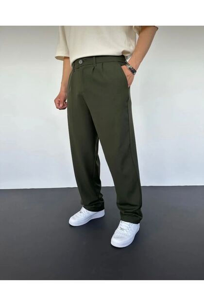 Khaki Pleated Baggy Fabric Trousers Ç13