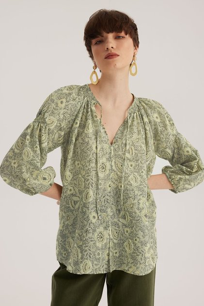 Green Lacing Detailed Raglan Sleeve Round Neck Blouse