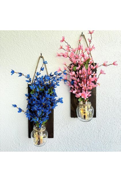Led Işıklı, Pembe ve Mavi Sakura Çiçekli Duvar Dekoru Ceviz İkili Set
